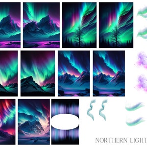 May include: A digital art collage showcasing different representations of the aurora borealis, also known as the Northern Lights. The collage features images of the aurora over mountains, trees, and water, alongside abstract designs and brushstrokes.