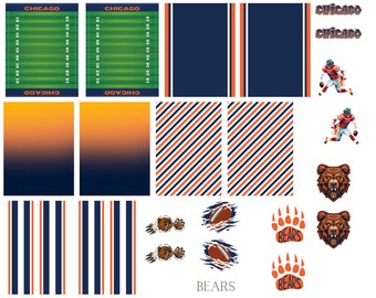 May include: A collection of Chicago Bears-themed graphics. Includes football field designs, gradient backgrounds, striped patterns in navy, orange, and white, and illustrations of a bear's head, paw prints, and a football.