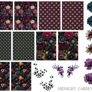 May include: A collection of floral and patterned designs in shades of purple, blue, and gold. The designs include floral arrangements, fleur-de-lis patterns, and botanical elements. The text "MIDNIGHT GARDEN" is at the bottom of the image.