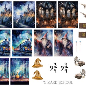Può includere: Illustrazioni ad acquerello a tema scuola di magia. Include un castello, una biblioteca, un treno, un mago, cappelli, bottiglie di pozioni, gufi, libri e bacchette. È presente anche il testo "WIZARD SCHOOL" e il numero "9 3/4".