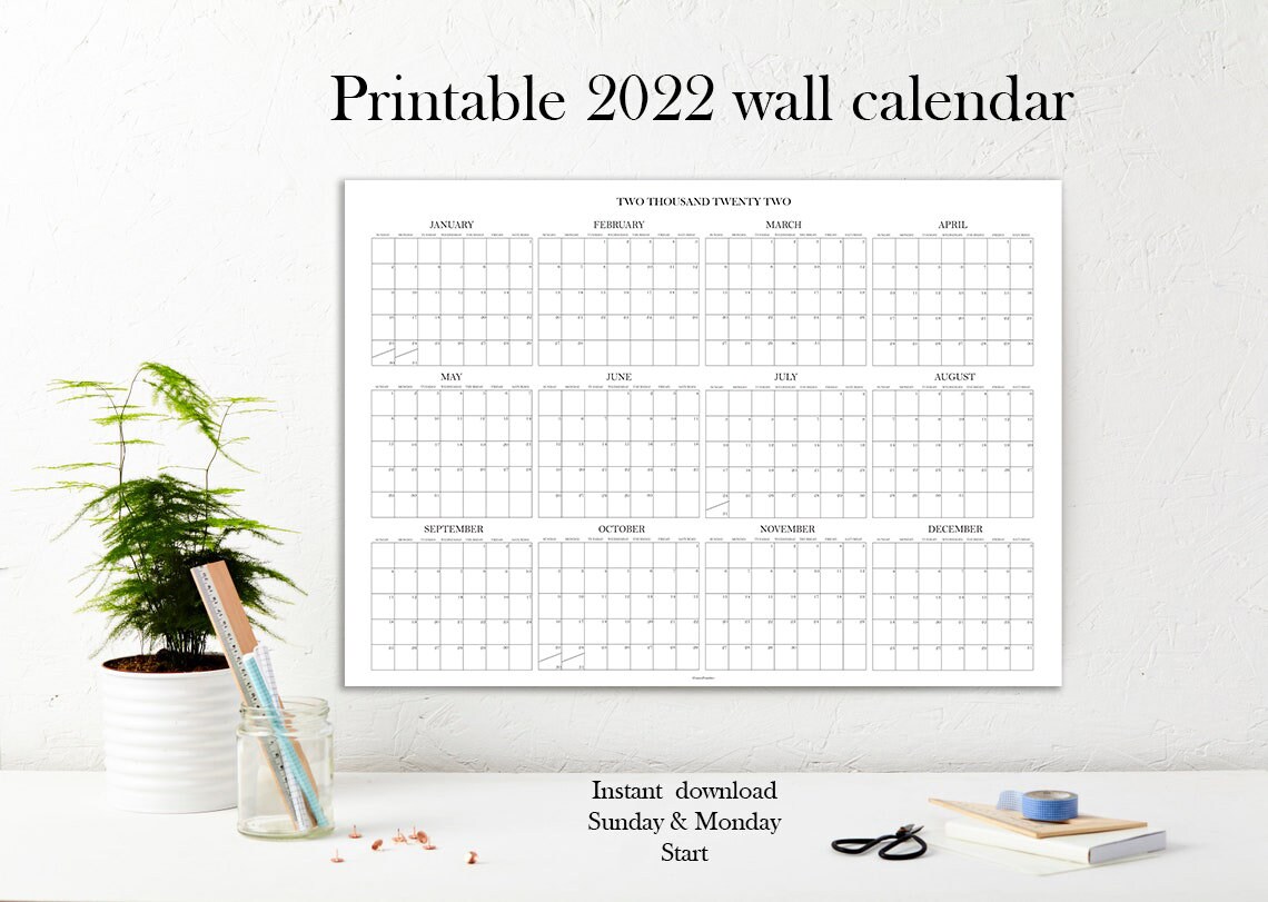 2022 large printable calendar template big wall calendar le etsy