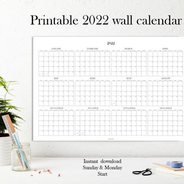 2022 Large Wall Printable Calendar , Giant Yearly Wall calendar, Calendrier 2022 X-Large Family Calendar, Printable Office Journal (36x24)