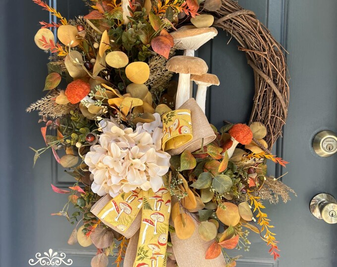 Mushroom Wreath for Front Door, Wreath With Mushrooms, Whimsical Wreath ...