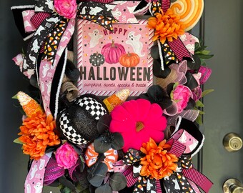 Halloween pink wreath, happy Halloween sign, pink Halloween decor, wreath with flocked pumpkin, candy corn wreath, Halloween gift