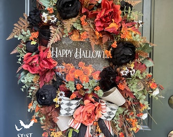 Fall floral wreath, Halloween wreath with sign, autumn wreath, fall front door decor, Halloween wreath with flowers, fall gift for her