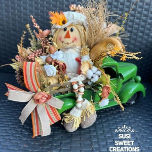 Fall truck centerpiece, truck floral arrangement, truck with scarecrow, green truck decor, truck lover gift, autumn table decor, truck gift