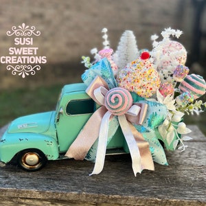 Rustic truck centerpiece, teal truck, mint  farmhouse truck, pink Christmas sweet treats decor,  Christmas gift, Christmas centerpiece
