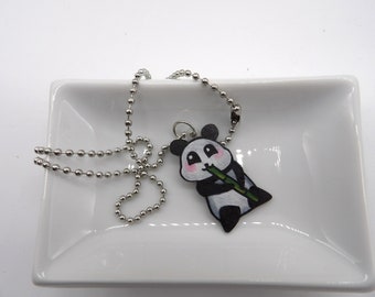 Cute Panda Bear Necklace- Chibi Panda Bear Eating Bamboo - Handmade Shrink Plastic Necklace