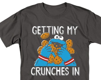 Sesame Street Cookie Monster Getting My Crunches In Charcoal Grey Adult Shirt