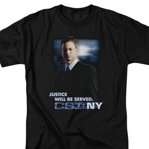 May include: Black t-shirt with a graphic of a man in a suit and the text "Justice will be served. CSI:NY"