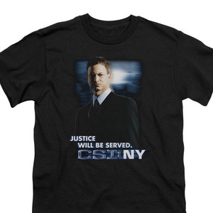 May include: Black t-shirt with a graphic of a man in a suit and the text "Justice will be served. CSI:NY"