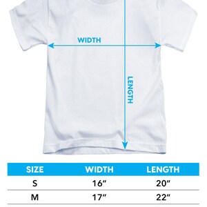 May include: Youth short-sleeve t-shirt sizing chart with measurements in inches. The chart shows the width and length of the shirt in sizes S, M, L, and XL.