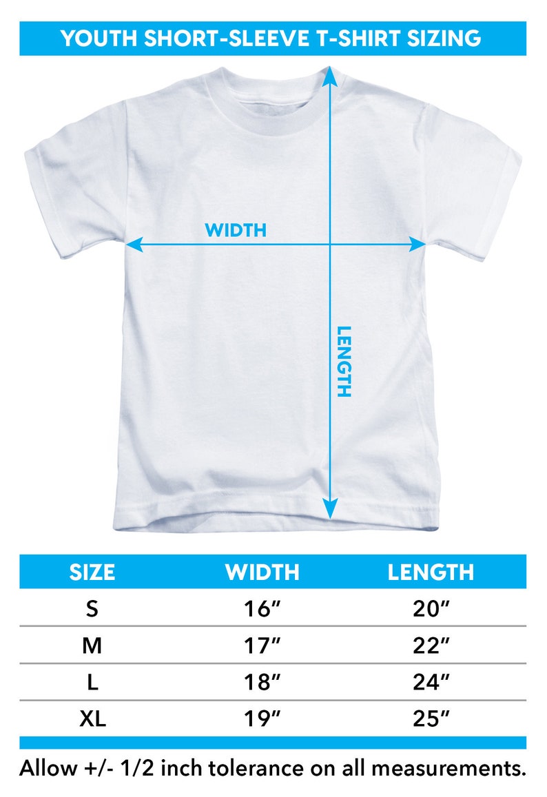 May include: Youth short-sleeve t-shirt sizing chart with measurements in inches. The chart shows the width and length of the shirt in sizes S, M, L, and XL.