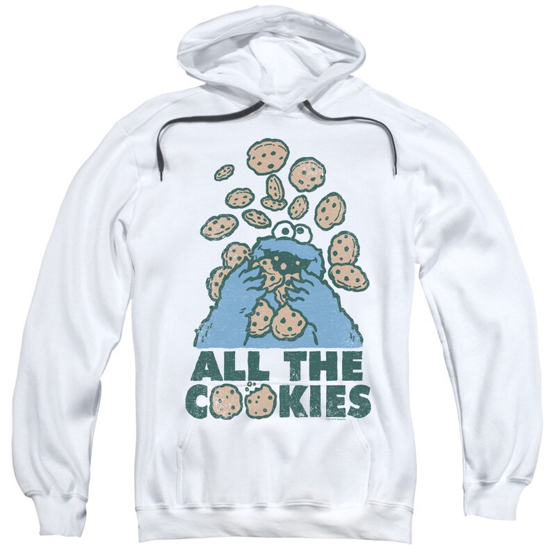 May include: White hooded sweatshirt with a blue Cookie Monster character eating cookies. The text "ALL THE COOKIES" is printed below the character.