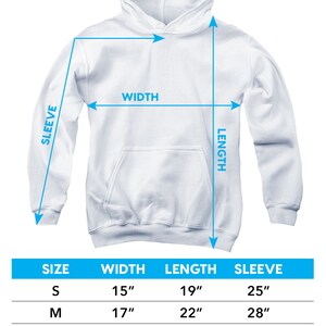May include: Size chart for a youth pull-over hoodie with measurements in inches for width, length, and sleeve length. Sizes include S, M, L, and XL.
