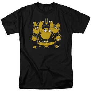 May include: Black t-shirt with a graphic of yellow cartoon dogs piled on top of each other. The dogs are all wearing different expressions and are holding a hot dog.