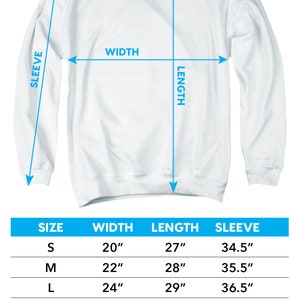 May include: A size chart for adult crewneck sweatshirts, showing measurements for width, length, and sleeve length in inches for sizes S through 3XL.