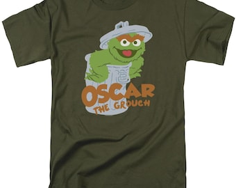 Officially Licensed Sesame Street Military Green T-Shirt | Flat Oscar the Grouch Graphic Tee for Adults