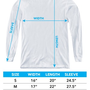 May include: A chart showing youth long-sleeve t-shirt sizing with measurements in inches for width, length, and sleeve length. The chart includes sizes S, M, L, and XL.