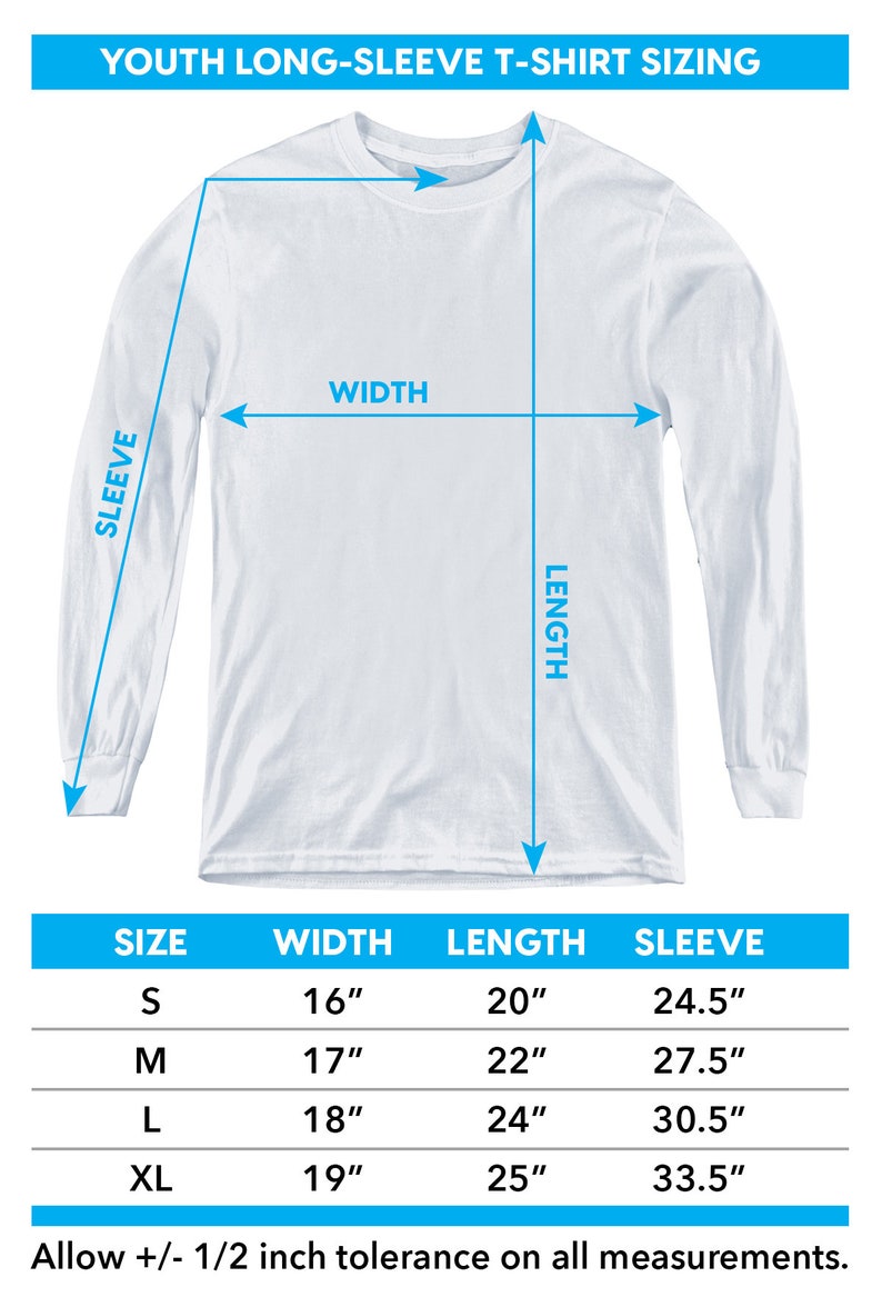 May include: A chart showing youth long-sleeve t-shirt sizing with measurements in inches for width, length, and sleeve length. The chart includes sizes S, M, L, and XL.