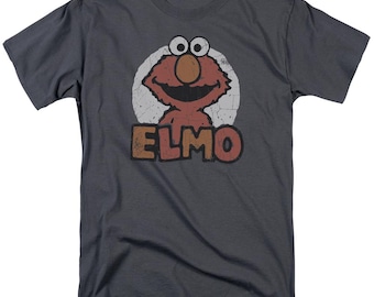 Sesame Street Elmo Shirt Charcoal Grey | Officially Licensed Distressed Elmo Graphic Tee for Adults