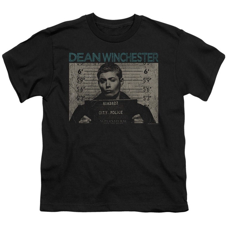 Supernatural Dean Winchester Mug Shot Kid/'s Black Shirts