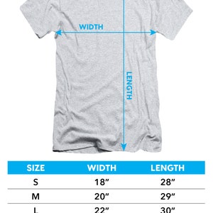 May include: Size chart for adult short-sleeve t-shirts made of a heather poly/cotton blend. The chart shows the width and length measurements in inches for sizes S through 3XL.