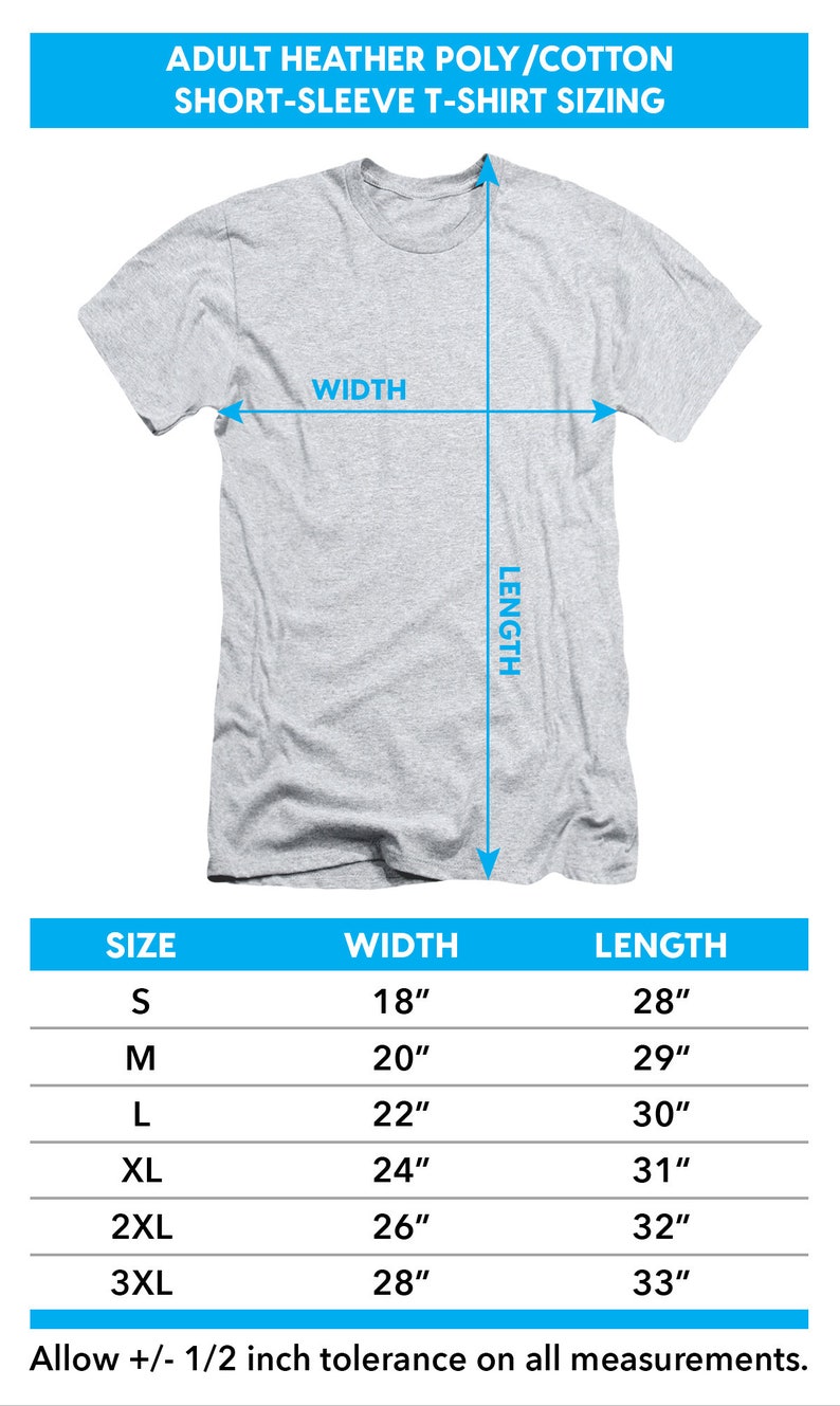 May include: Size chart for adult short-sleeve t-shirts made of a heather poly/cotton blend. The chart shows the width and length measurements in inches for sizes S through 3XL.