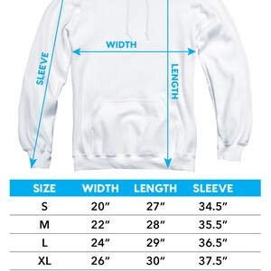 May include: A size chart for adult pull-over hoodies, showing measurements in inches for width, length, and sleeve length for sizes S through 5XL.