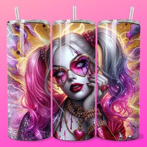 Dark Emo Goth Villain Girl Heart Glasses Tumbler Wrap 20oz Skinny Sublimation Seamless PNG DTF Design Female Clowncore Wall Art Comic Book