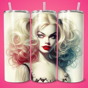 Pin up Style Clown Girl Tumbler Wrap 20oz Skinny Seamless Design Female Villain Postcard Comic Book Fan Gift Png Wall Art Dorm Sublimation