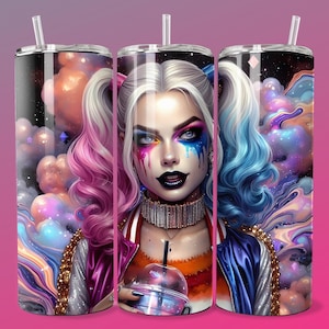 Emo Villain Girl Tumbler Wrap 20oz Skinny Sublimation Seamless PNG DTF Design Female Clown Wall Art Comic Book Fan &#39;s Girlfriend Poster