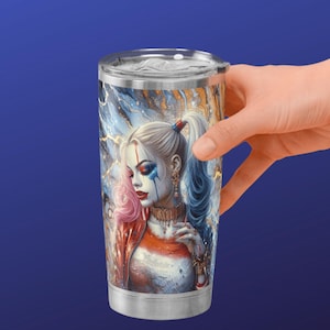 3D Cute Emo Villain Girl Tumbler Wrap 20oz Skinny Sublimation Seamless PNG DTF Design Female Clowncore Wall Art Comic Book Fan  Gift Print