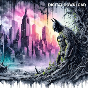 Style aquarelle chevalier noir Gotham, fichiers PNG PDF, DTF, sublimation, imprimable, de mauvaise humeur, art tshirt héros, gobelet art design bande dessinée