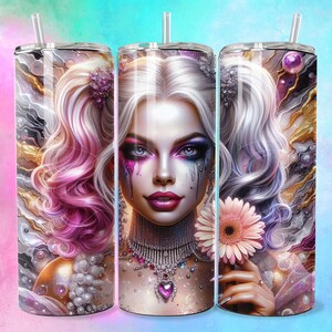 Emo Villain Girl Pink Daisy Tumbler Wrap 20oz Skinny Sublimation Seamless PNG DTF Design Female Clown Wall Art Comic Book Fan Gift Print