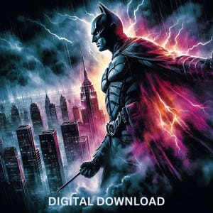 Gotham, novela gráfica de caballero oscuro, archivos PNG y PDF, DTF, sublimación, imprimible, arte de camiseta de héroe de paisaje urbano, diseño de vaso para pared.