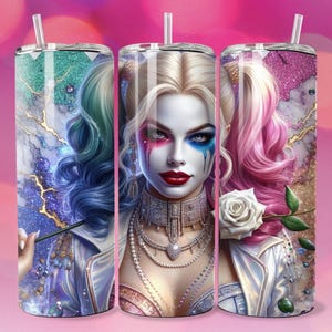 3D Goth Emo Villain Girl Clown White Rose Tumbler Wrap Skinny Sublimation Seamless PNG DTF Design Female Wall Art Comic Book Fan Gift Print