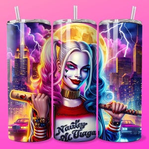 Emo Clown Villain Girl Neon Poster Tumbler Wrap 20oz Skinny Sublimation Seamless PNG DTF Design Female Character Wall Art Comic Book Print