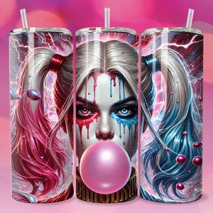 3D Emo Villain Clown Girl Pink Bubblegum Electric Tumbler Wrap Skinny Sublimation Seamless DTF Design Female Villain Comic Book Fan Art Teen
