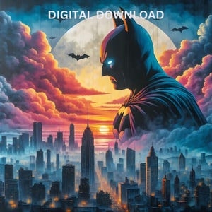 Gotham, novela gráfica de caballero oscuro, archivos PNG y PDF, DTF, sublimación, imprimible, arte de camiseta de héroe de paisaje urbano, diseño de vaso para pared.