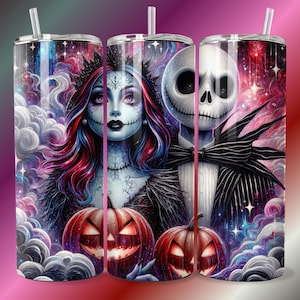 Jack und Sally Halloween Tumbler Design PNG PDF DTF Der Kürbis König Gruselige Wand Horror Alptraum Paar Poster Kunst Süßes oder Saures