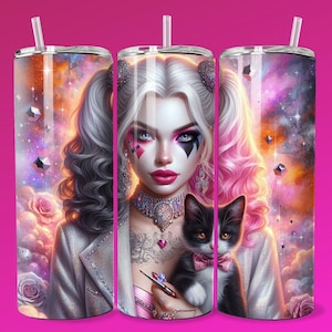 3D Emo Villain Clown Girl Cute Kitten Tumbler Wrap Skinny Sublimation Seamless DTF Design Female Villain Wall Art Comic Book Fan Teen Room