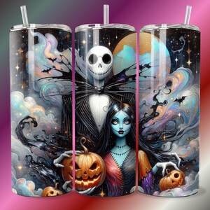 Jack und Sally Halloween Tumbler Design PNG PDF DTF Der Kürbis König Gruselige Wand Horror Alptraum Paar Poster Kunst Süßes oder Saures