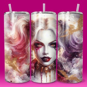 Electric Emo Villain Girl Tumbler Wrap 20oz Skinny Sublimation Seamless PNG DTF Design Female Clowncore Wall Art Comic Book Fan  Gift Poster