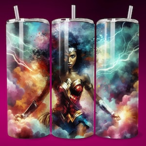 Gobelet super-héros féminin 3D noir, Wrap 20 oz Gobelet sans couture maigre, design sublimation super-héros PNG PDF DTF Art mural