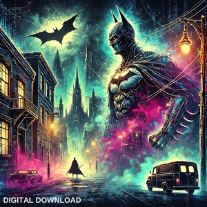 Archivos PNG PDF de Gotham, estilo novela gráfica de caballero oscuro, DTF, sublimación, imprimible, clipart gótico, arte de camisetas de héroe, arte mural de vaso sin costuras