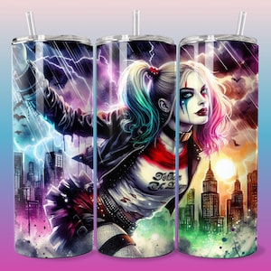 Emo Villain Girl Neon Poster Tumbler Wrap 20oz Skinny Sublimation Seamless PNG DTF Design Female Clown Wall Art Comic Book Fan Gift Print