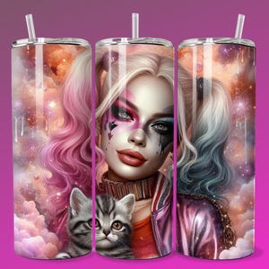 3D Emo Villain Girl Cute Kitten Tumbler Wrap 20oz Skinny Sublimation Seamless DTF Design Female Villain Wall Art Comic Book Fan Teen Room