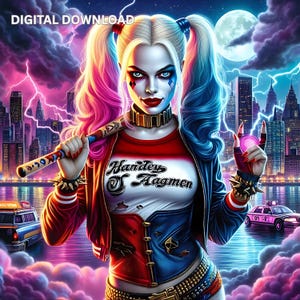 Harley Quin Neon Poster Tumbler Wrap 20oz Skinny Sublimation Seamless PNG DTF Design Female Villain Wall Art Comic Book Fan joker Gift Print