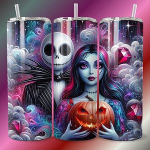Jack und Sally Halloween Tumbler Design PNG PDF DTF Der Kürbis König Gruselige Wand Horror Alptraum Paar Poster Kunst Süßes oder Saures